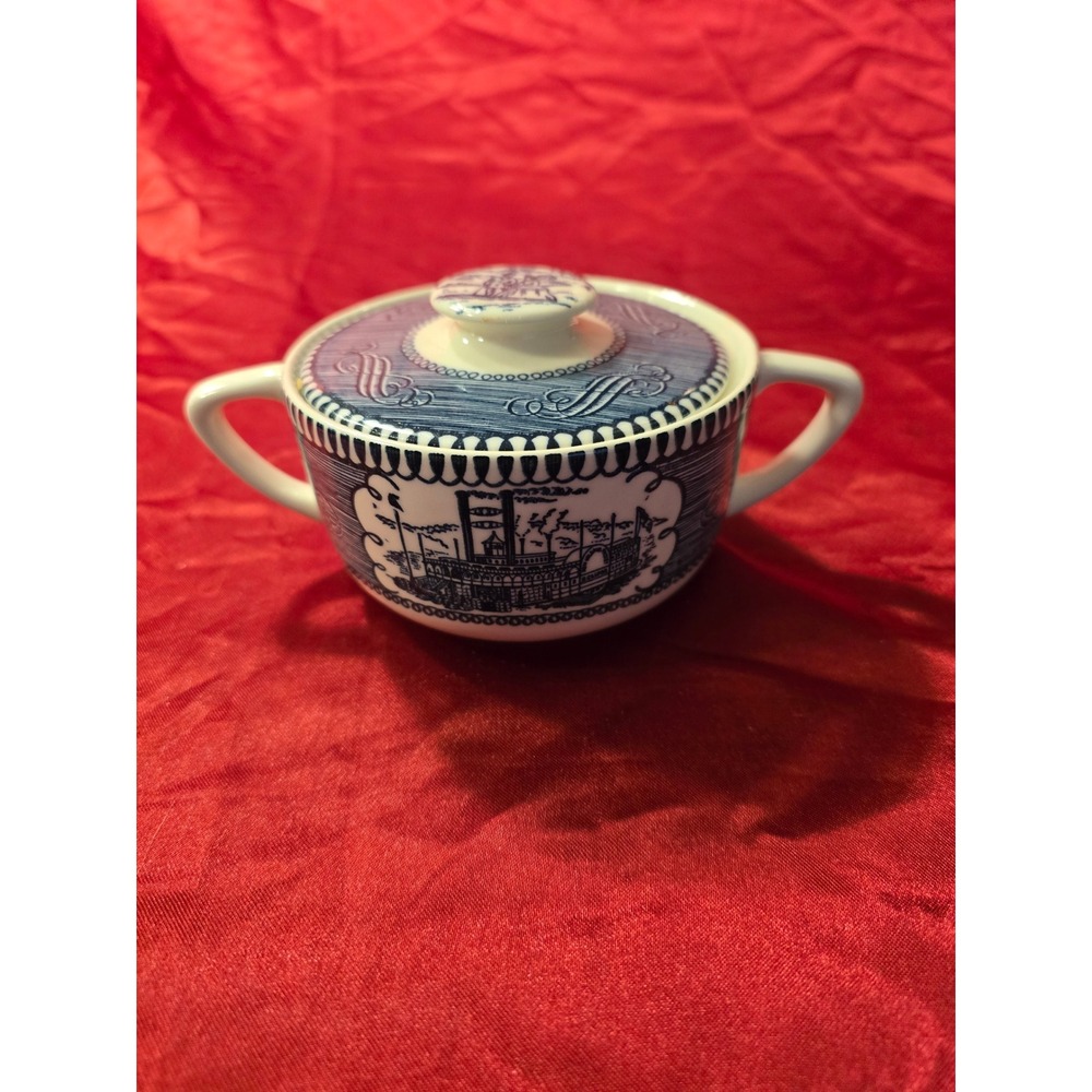 Vintage Blue White Transferware Sugar Bowl Lid Riverboat Steamboat Scene E Mark